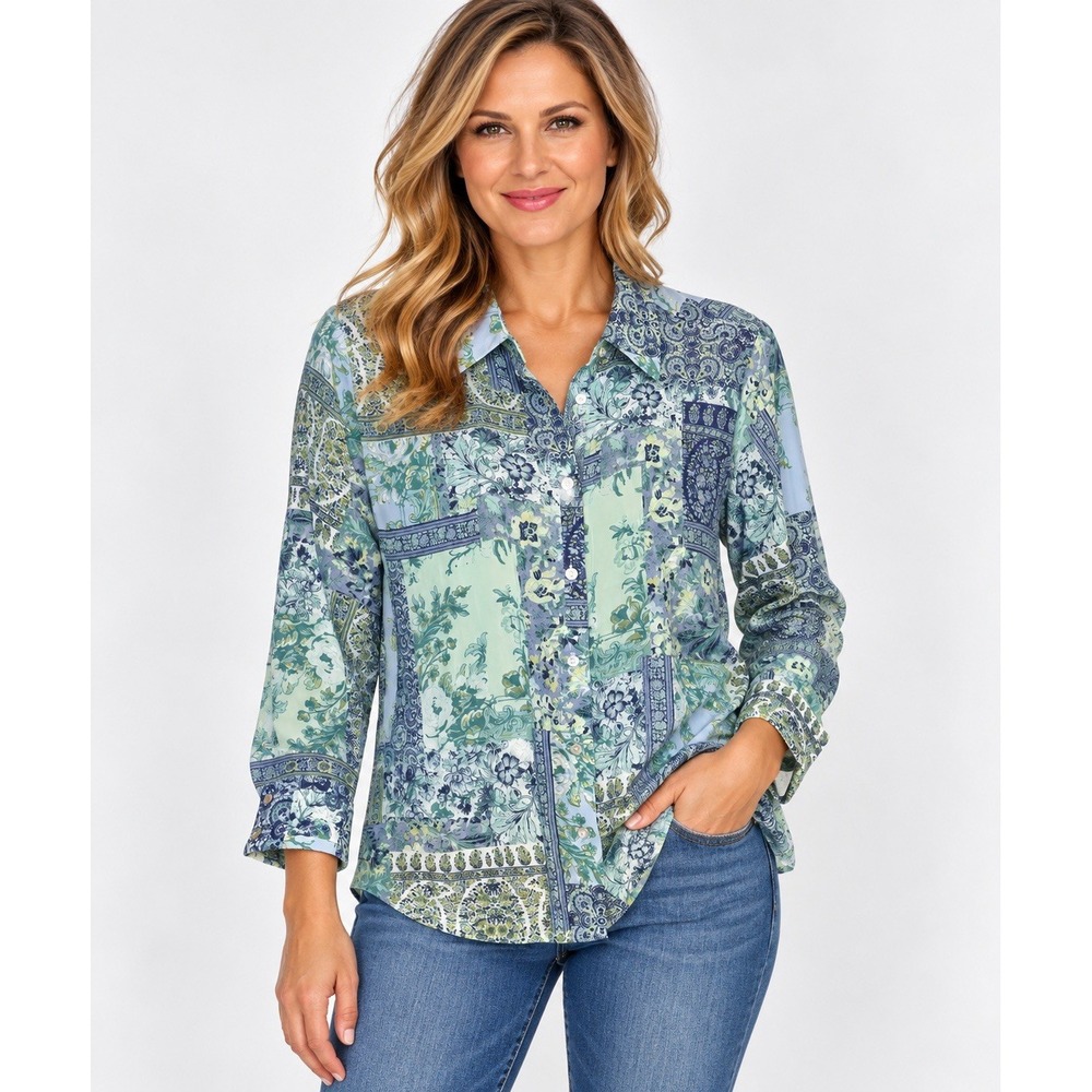 Rose + Olive Size Large Silky Blue Green Patchwork Paisley Button-Down Blouse